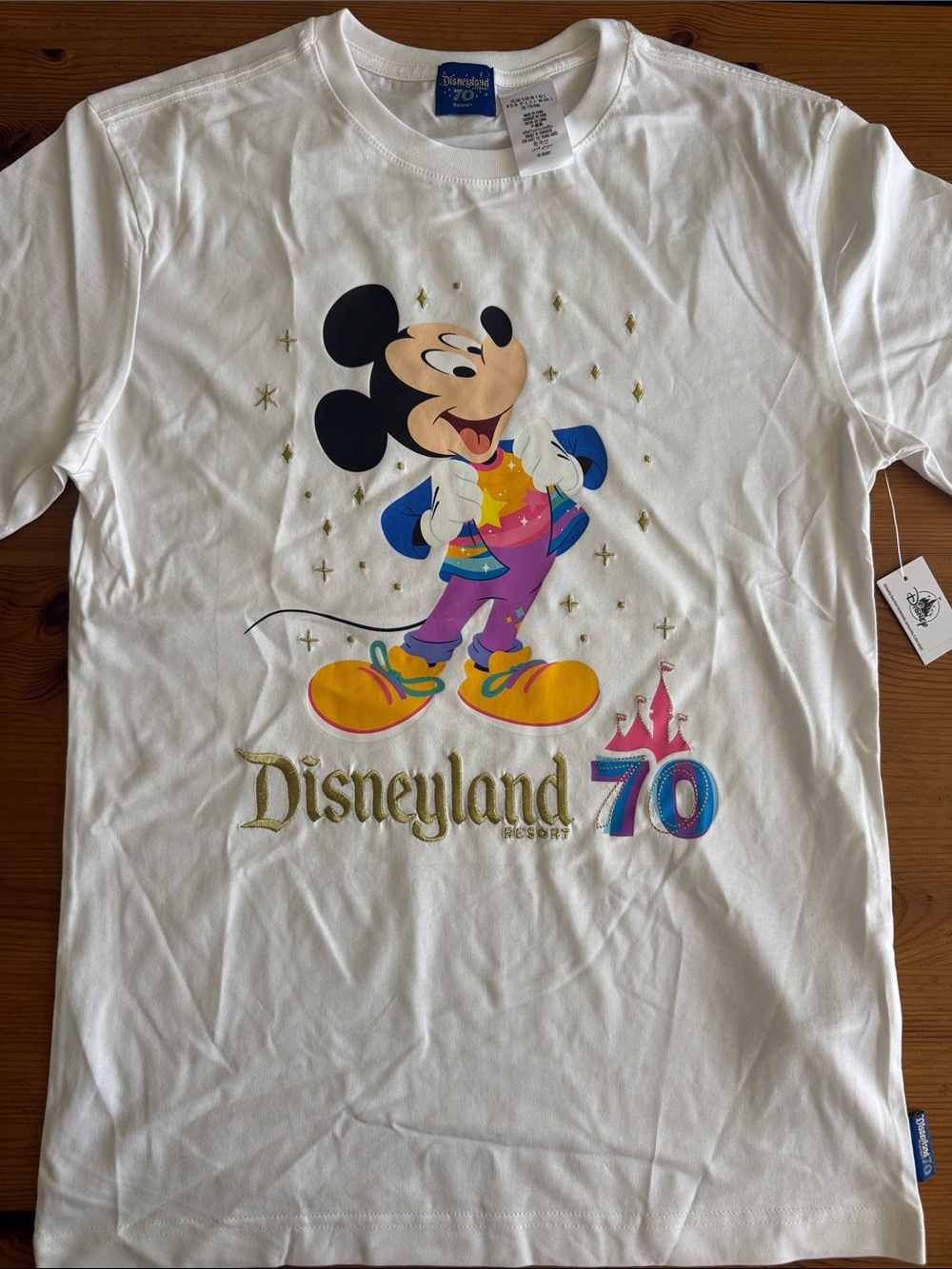 Disney Disneyland 70th Anniversary White T-Shirt with Colorful Mickey Embroidery